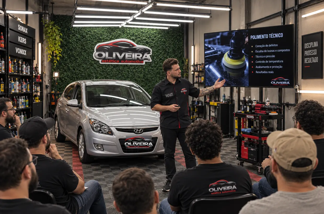 Aula de estética automotiva no estúdio: instrutor em pé diante do grupo, carro posicionado e a marca da Oliveira na parede